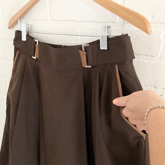 Vintage Y2K Zara A-line skirt Cotton Pleated Pockets Chocolate brown Sz S - Picture 4 of 11